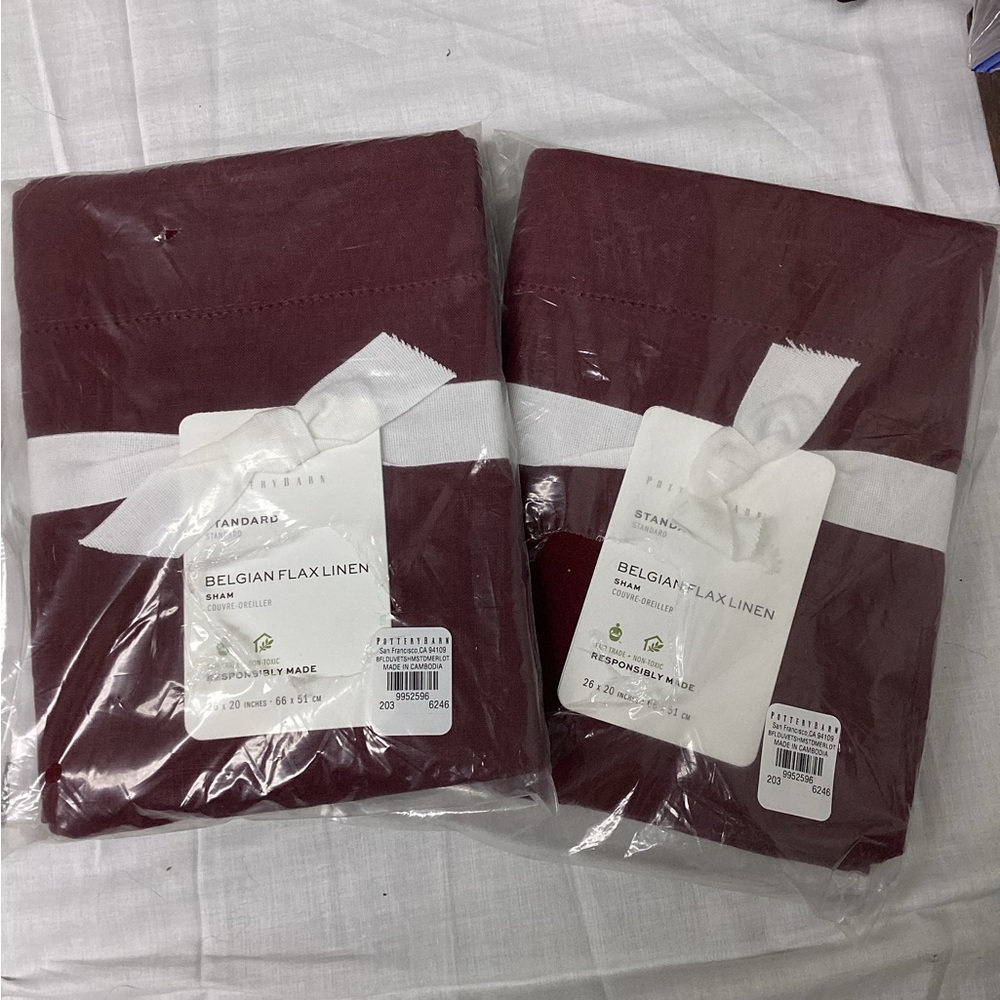 Pottery Barn Belgian Flax Linen Shams set of two in merlot standard size